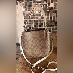 Coach Brown Signature Jacquard Shoulder Bag with Cream Strap